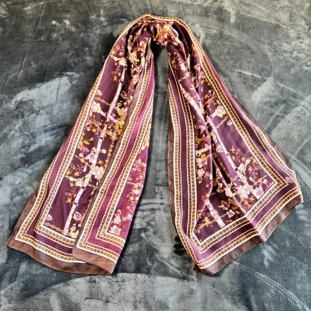 Womens Burgundy‎ Floral Chain Border Print Lightweight Scarf One Size
